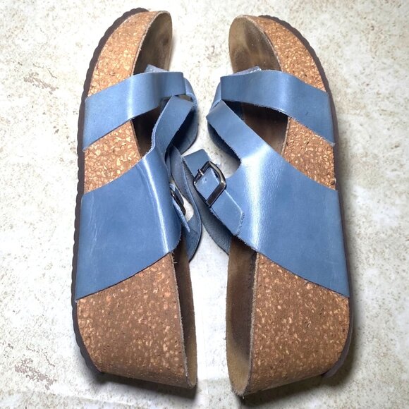 Womens Blue Leather Strappy Sandals Cork Wedge Sole Adjustable Buckle Strap - Picture 6 of 9